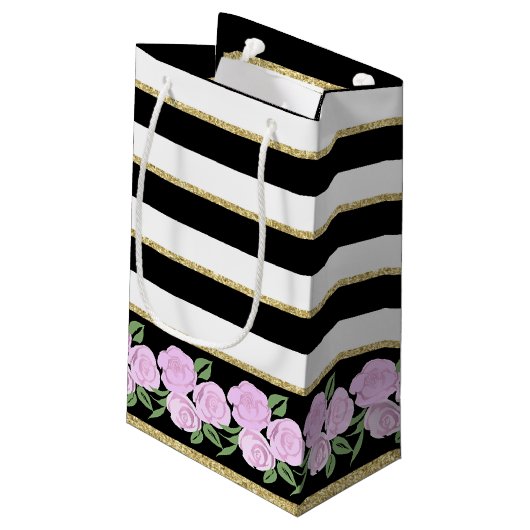 ソフトピンクのバラの上の黒、白、金ゴールド抱き枕 スモールペーパーバッグ (裏面アングル)