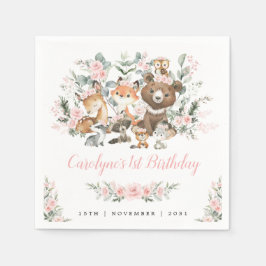 ソフトピンクのバラの木の国の動物の女の子1st誕生日 スタンダードカクテルナプキン