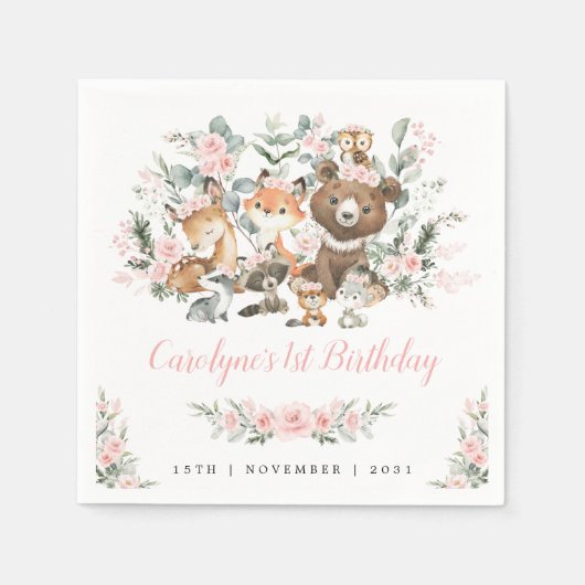 ソフトピンクのバラの木の国の動物の女の子1st誕生日 スタンダードカクテルナプキン (正面)
