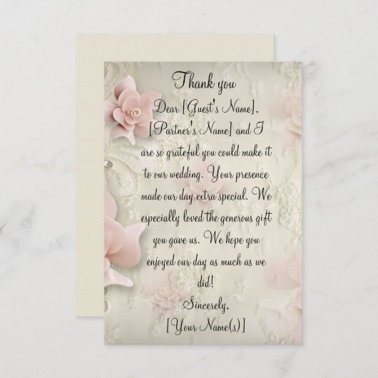 ソフトピンクのバラ結婚スの感謝状カード サンキューカード (正面/裏面)