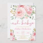 ソフトピンクのフローラと金ゴールドグリッターオ赤ちゃんシャワー 招待状 (正面)