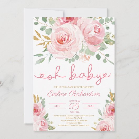 ソフトピンクのフローラと金ゴールドグリッターオ赤ちゃんシャワー 招待状 (正面)