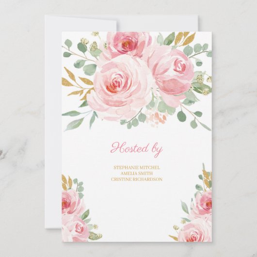 ソフトピンクのフローラと金ゴールドグリッターオ赤ちゃんシャワー 招待状 (裏面)