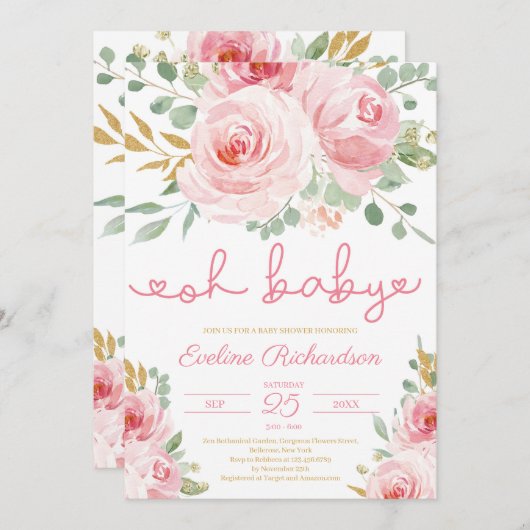 ソフトピンクのフローラと金ゴールドグリッターオ赤ちゃんシャワー 招待状 (正面/裏面)