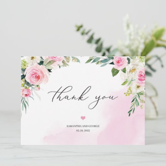 ソフトピンクのフローラの緑のユーカリのロマンチックなボホ サンキューカード (スタンド正面)