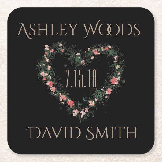 ソフトピンクのフローラハート日付コースターを保存 スクエアペーパーコースター (正面)