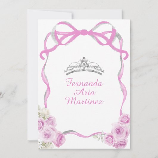 ソフトピンクのフローラバウリボンシルバーガールミンス 招待状 (裏面)