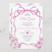 ソフトピンクのフローラバウリボンシルバーガールミンス 招待状 (正面/裏面)