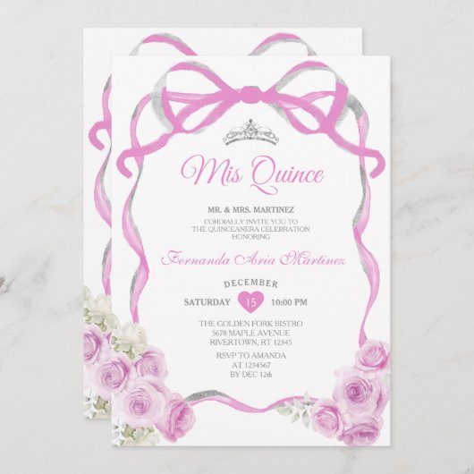 ソフトピンクのフローラバウリボンシルバーガールミンス 招待状 (正面/裏面)