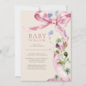 ソフトピンクのフローラボウワイルドフラワーベビーシャワー 招待状 (正面)