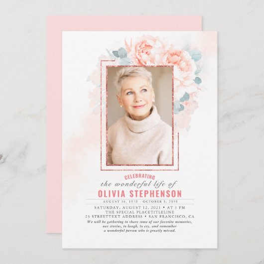 ソフトピンクのフローラ色あせた葉の葬儀写真 招待状 (正面/裏面)