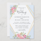 ソフトピンクのフローラ金ゴールドフレームの水色結婚の 招待状 (正面)