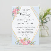 ソフトピンクのフローラ金ゴールドフレームの水色結婚の 招待状 (スタンド正面)