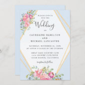 ソフトピンクのフローラ金ゴールドフレームの水色結婚の 招待状 (正面/裏面)