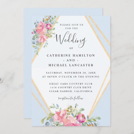 ソフトピンクのフローラ金ゴールドフレームの水色結婚の 招待状 (正面/裏面)