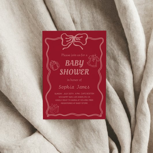 ソフトピンクのベビーシャワーベビーアイコン&ボウフレーム 招待状