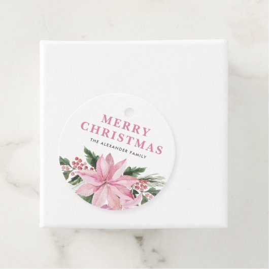 ソフトピンクのポインセチアとウィンターベリーのクリスマス フェイバータグ (インサイチュ)