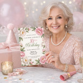 ソフトピンクのマグノリアと牡丹　80歳の誕生日 招待状