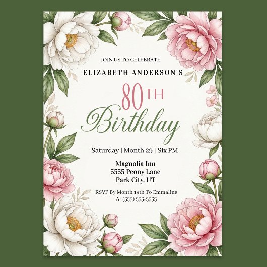 ソフトピンクのマグノリアと牡丹　80歳の誕生日 招待状