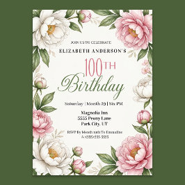 ソフトピンクのマグノリアと芍薬の100歳の誕生日  招待状