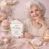 ソフトピンクのマグノリアと芍薬の100歳の誕生日 招待状