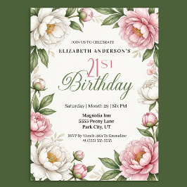 ソフトピンクのマグノリアと芍薬の21歳の誕生日  招待状