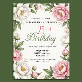 ソフトピンクのマグノリアと芍薬の25歳の誕生日  招待状