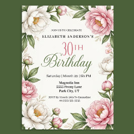 ソフトピンクのマグノリアと芍薬の30歳の誕生日  招待状