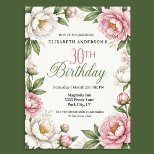 ソフトピンクのマグノリアと芍薬の30歳の誕生日  招待状