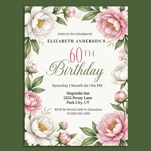 ソフトピンクのマグノリアと芍薬の60歳の誕生日 招待状