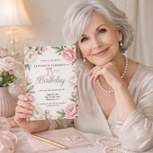 ソフトピンクのマグノリアと芍薬の75歳の誕生日 招待状