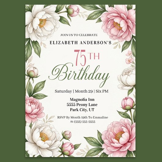 ソフトピンクのマグノリアと芍薬の75歳の誕生日 招待状