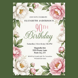 ソフトピンクのマグノリアと芍薬の90歳の誕生日  招待状