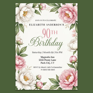 ソフトピンクのマグノリアと芍薬の90歳の誕生日 招待状