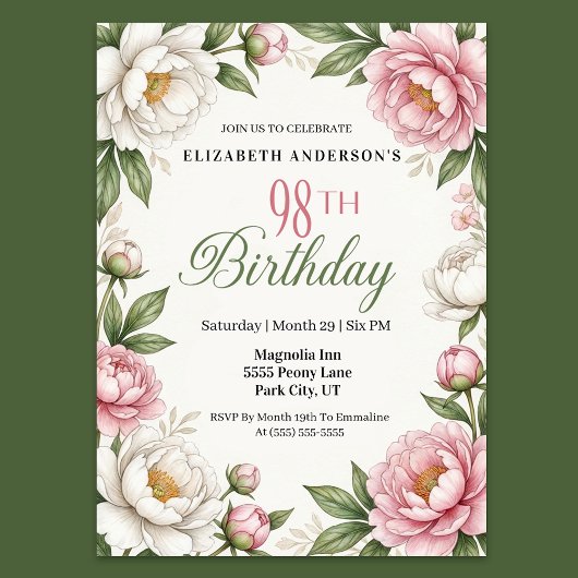 ソフトピンクのマグノリアと芍薬の98歳の誕生日 招待状
