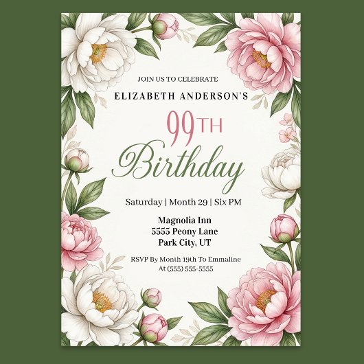 ソフトピンクのマグノリアと芍薬の99歳の誕生日  招待状