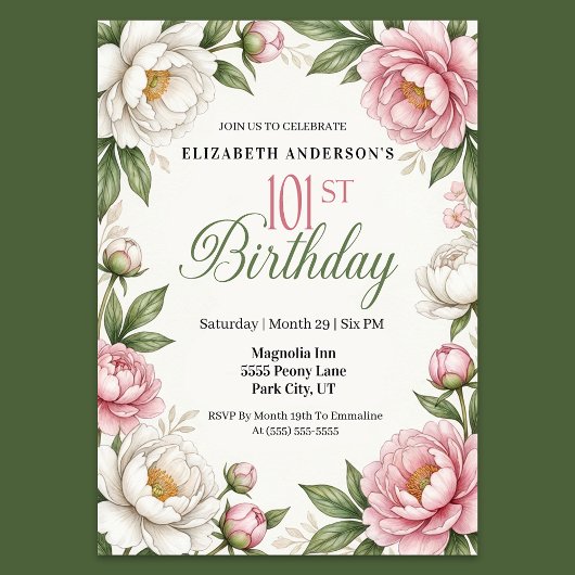 ソフトピンクのモクレンと芍薬の101歳の誕生日 招待状