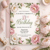 ソフトピンクのモクレンと芍薬の101歳の誕生日 招待状