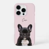 ソフトピンクのモダンな犬の写真と手書き風ペットの名前 iPhoneケース (裏面)