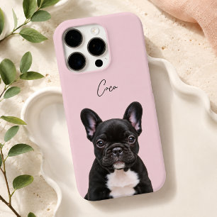 ソフトピンクのモダンな犬の写真と手書き風ペットの名前 iPhone 16 PROケース