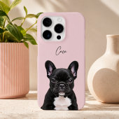 ソフトピンクのモダンな犬の写真と手書き風ペットの名前 iPhoneケース