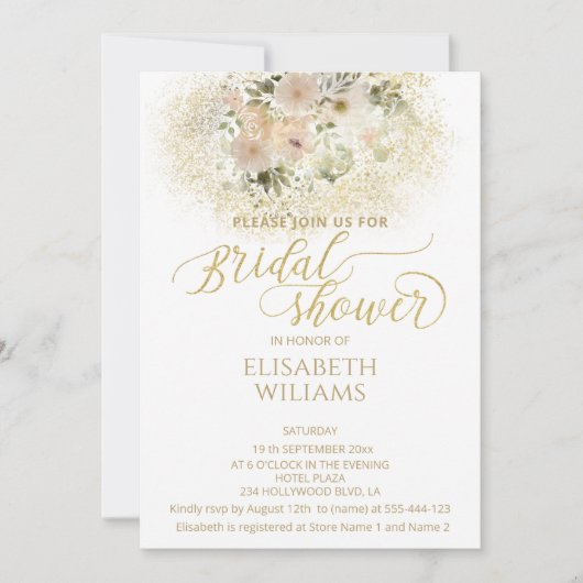 ソフトピンクのロマンチックなフローラ金ゴールド書 招待状 (正面)