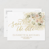 ソフトピンクのロマンチックなフローラ金ゴールド書 案内ポストカード (正面/裏面)