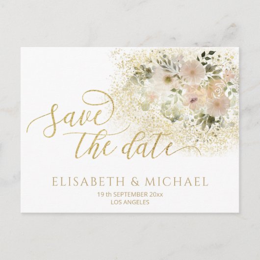 ソフトピンクのロマンチックなフローラ金ゴールド書 案内ポストカード (正面)