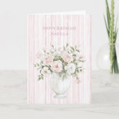 ソフトピンクのローズの花 ストライプ 誕生日 カード (正面)