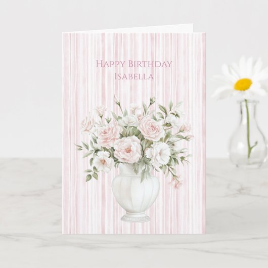 ソフトピンクのローズの花 ストライプ 誕生日 カード (小さな植物)