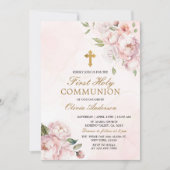 ソフトピンクのローズフラワーのファーストホーリーコミュニオン 招待状 (正面)