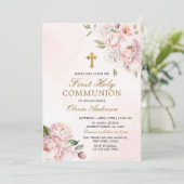 ソフトピンクのローズフラワーのファーストホーリーコミュニオン 招待状 (スタンド正面)