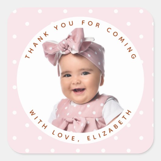 ソフトピンクの女の子の誕生日写真ありがとうござ来う スクエアシール (正面)