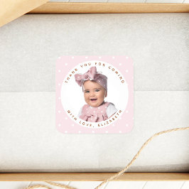 ソフトピンクの女の子の誕生日写真ありがとうござ来う スクエアシール